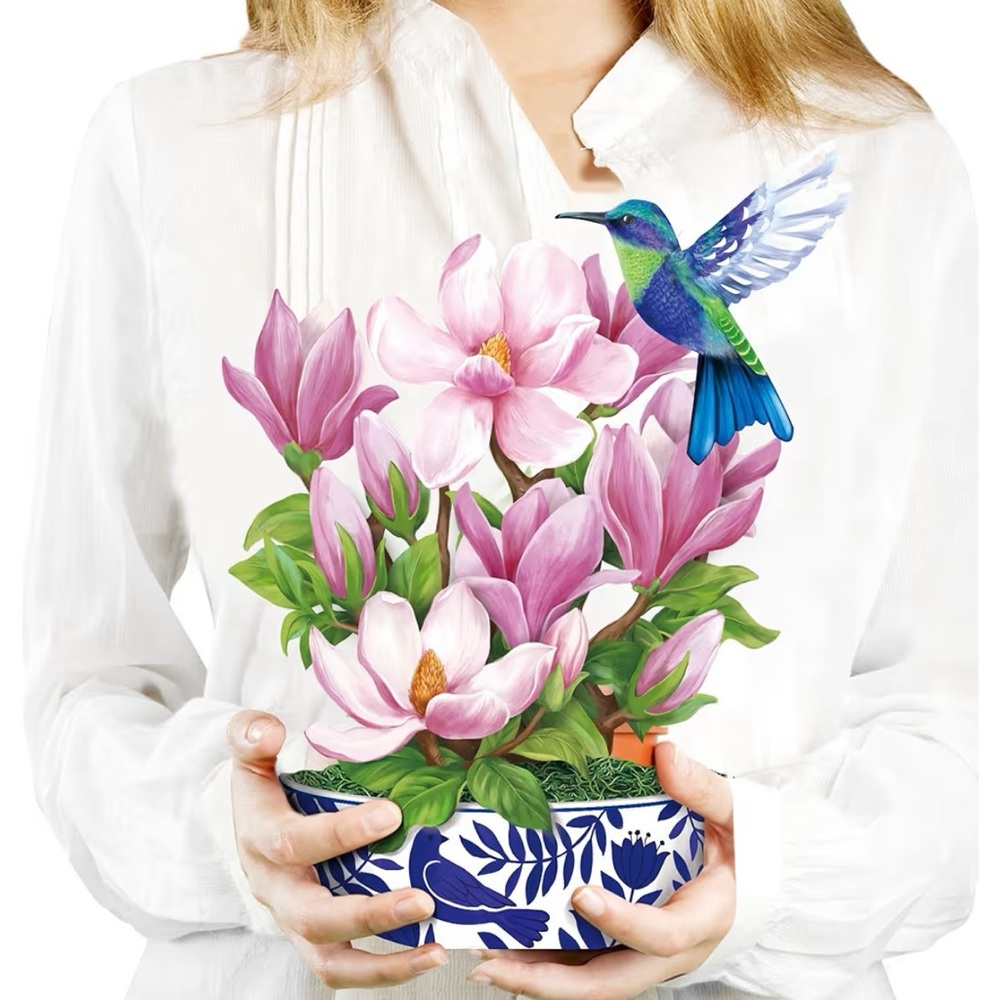 Pop Up Magnolia Flower & Hummingbird Card, 3D Greeting Card, Birthday, Holiday